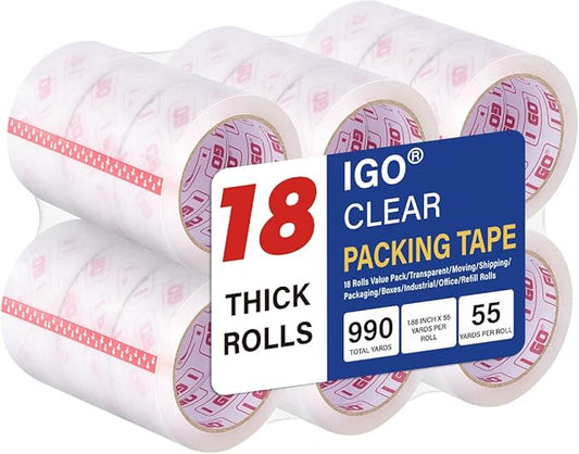 I GO Clear Packing Tape, Packaging Tape Refills for Shipping Moving Box Mailing Storage Sealing, 1.88" Width x 54.68 yd. Length, 2.95" Core, Clear, 2.64 mils/0.067 mm Thick (18 Rolls per Pack)