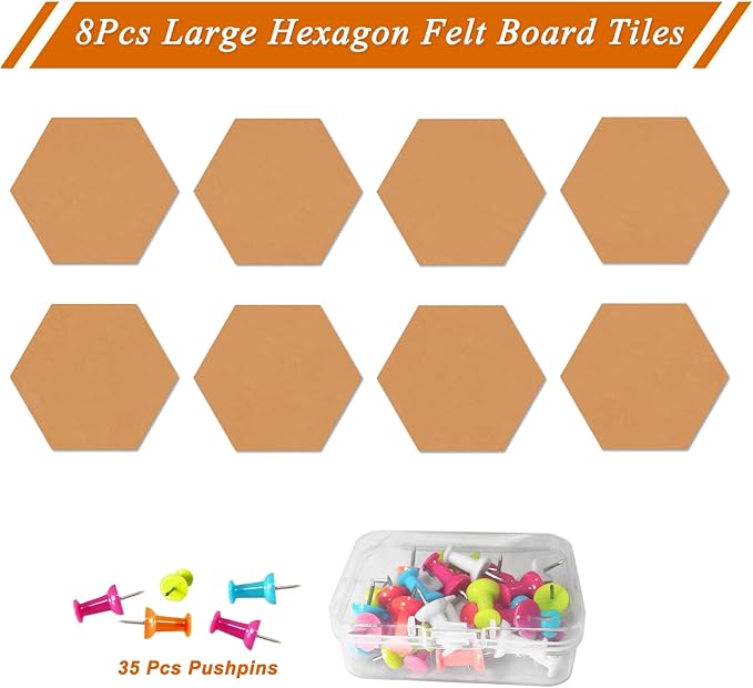 Large Hexagon Felt Cork Board Tiles, Self Adhesive DIY Felt Bulletin Board Pin Board with 35 Pushpins for Office School Home Wall Decor Stickers Memos Photos Display(Deep Camel)