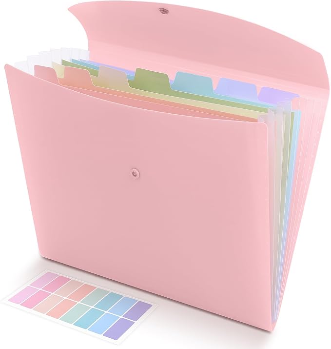 SKYDUE Cute Accordion File Organizer, Expanding File Folder with 8 Pockets, Document Organizer with Colorful Tabs for School, Office, Hospital Tax, Receipts Storage Letter/A4 Size Pink