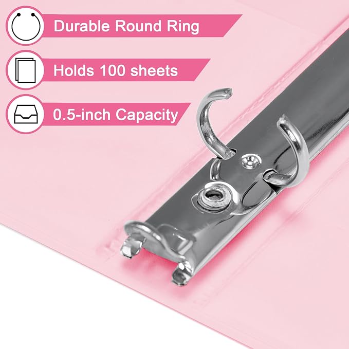 SUIN 1/2-Inch 3 Ring Binders with 2 Interior Pockets, Basic 0.5'' Binders Holds 100 Sheets Letter Size, Office School Home, 6 Pack