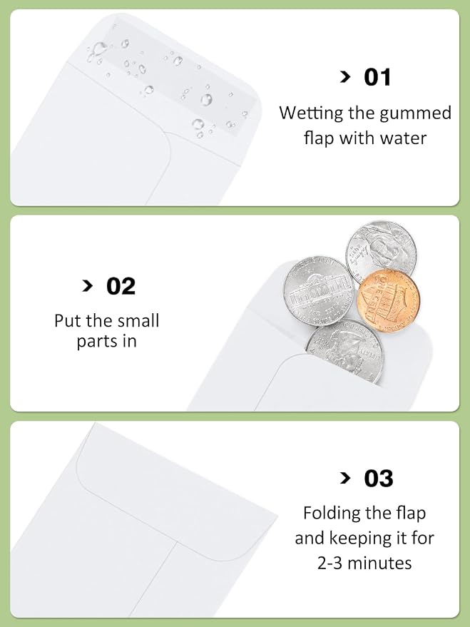 #1 Coin Envelopes Eupako 100 PCS 2.25x 3.5" White Small Parts Envelope with Gummed Flap Kraft Seed Envelopes for Garden, Home and Office