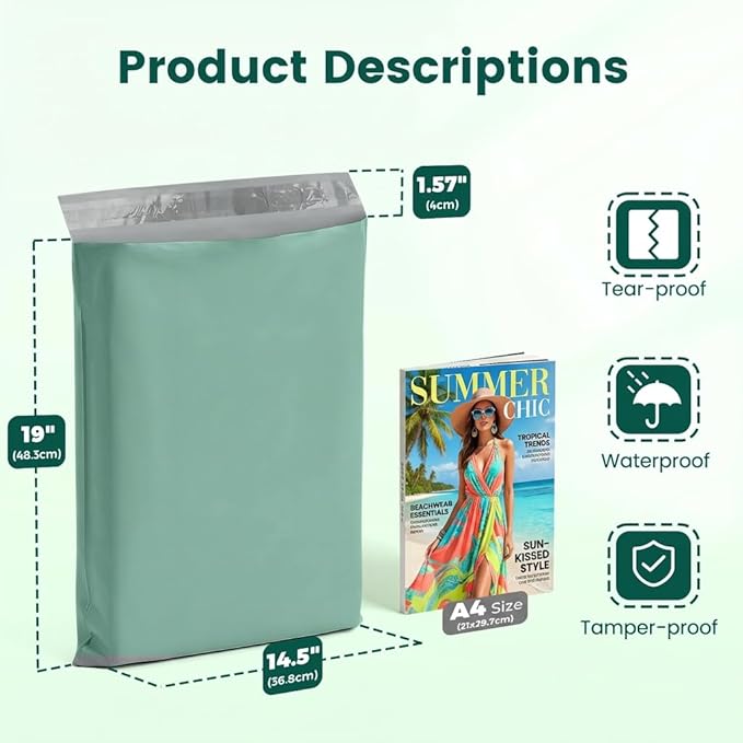Metronic Poly Mailers 14.5x19 400 Pack, Heavy Duty Shipping Bags Bulk Self Seal Waterproof Tear Resistant Large Mailing Envelopes, Packaging bags for Small Business, Clothing, Grayed Jade Green