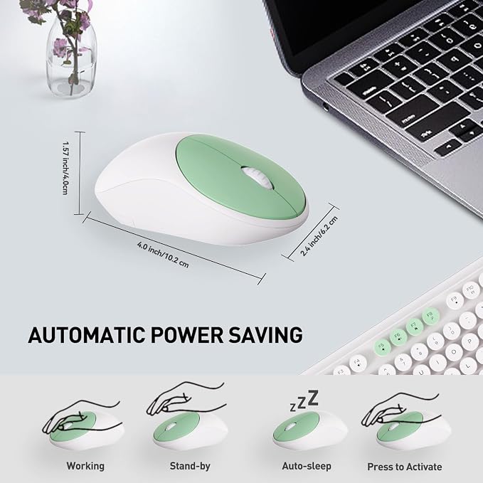 2.4GHz Wireless Keyboard and Mouse Set with Switch Button - Full-Size Keyboard - Compatible for Windows/Laptop/PC/Notebook/Smart TV and More - White Green