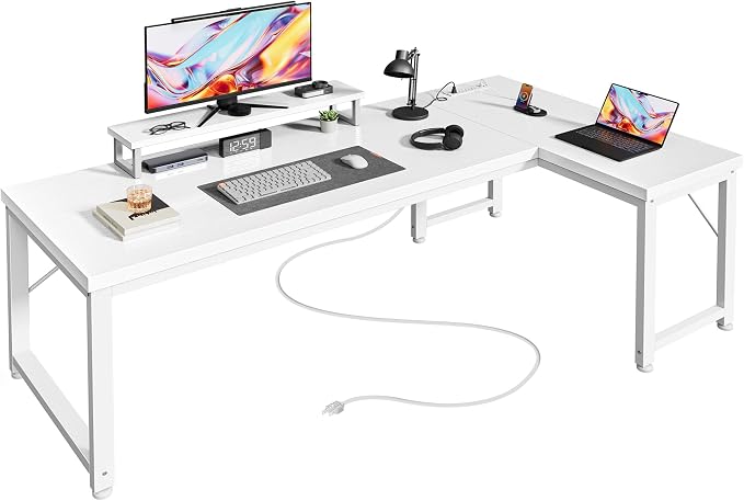 53" L Shaped Computer Desk, Power Outlets, Monitor Stand, White | USB-C Ports, Reversible Charging Station, Spacious Desktop & Legroom, 0.94 Inch Thick Desktop, for Gaming, Study & Work