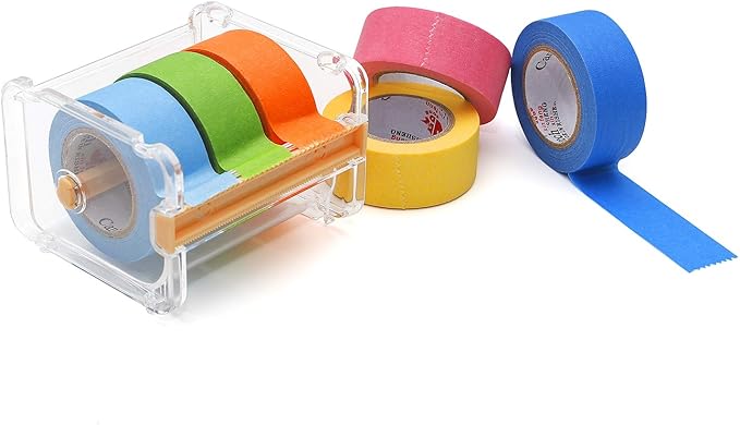 Masking Tape Set with Dispenser - 6 Rolls of 1inchx16.4yd Colorful Rainbow Art Tape for Decorating, Crafting, and Easy Masking