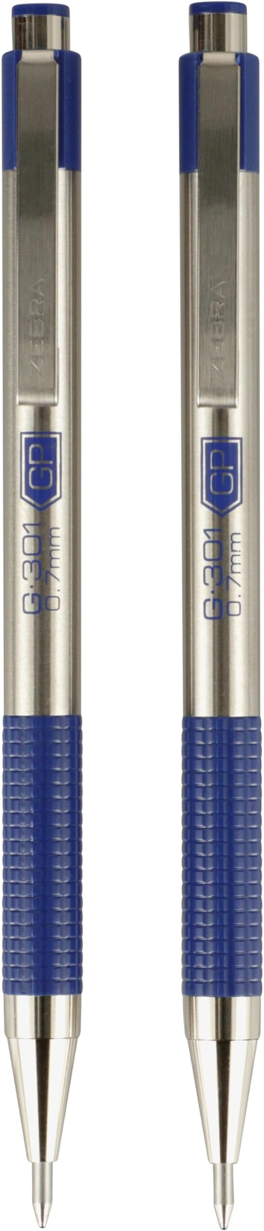 Zebra Pen G-301 Retractable Gel Pen, 0.7mm Medium Point, Stainless Steel Barrel, Textured Grip, Easy Glide Ink Provides a Smooth and Skipless Writing Experience, Blue Ink, 2-Pack (41322)