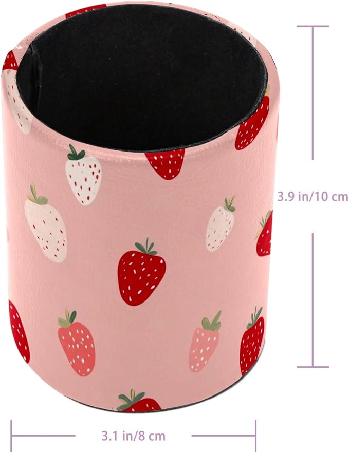 Leather Pen Holder for Desk, Cute Strawberries Print Pencil Cup Pen Organizer Makeup Brush Holder for Office Home Kids Countertop Desk Accessory Storage