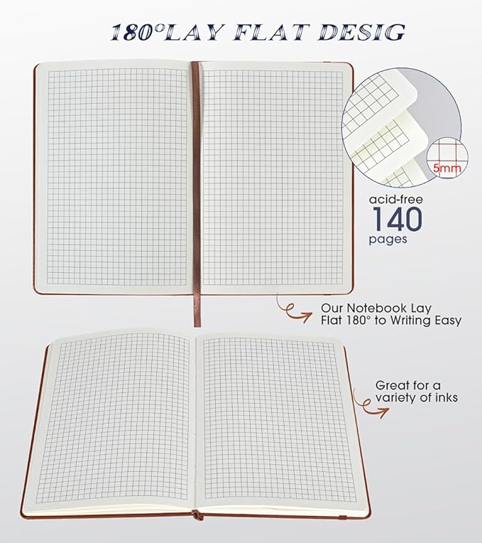Graph Paper Notebook Journal for Women Men,140 Pages Hardcover Grid Notebooks for Work & School,Leather Journals for Writing, Graphing Paper Notebook 5.7"×8.3" (Brown)