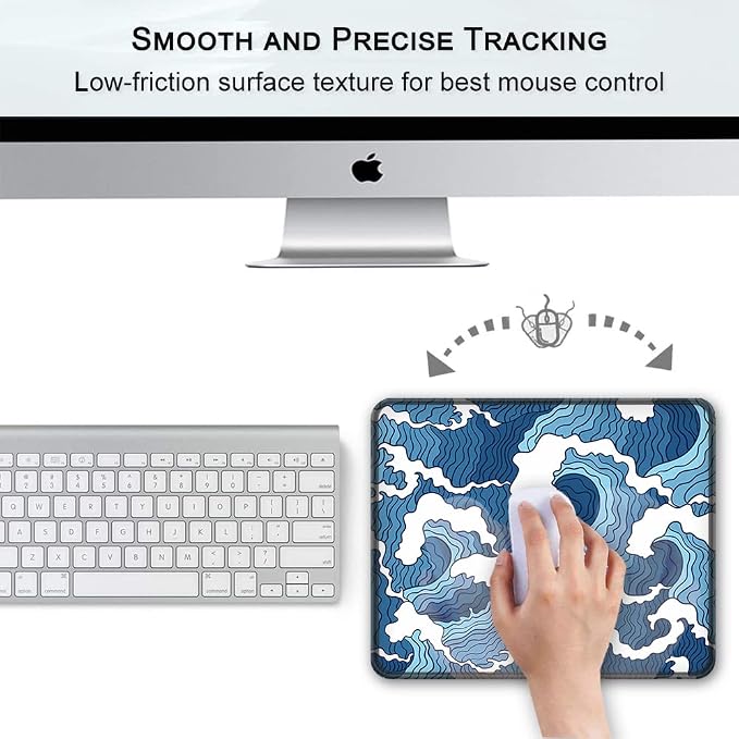 BOSOBO Mouse Pad, Square Anti-Slip Rubber Gaming Mousepad, Premium-Textured & Waterproof Mouse Mat with Stitched Edge, Cute Office Mouse Pads for Women Men Computer Laptop, 10" x 8", Japan Blue Wave