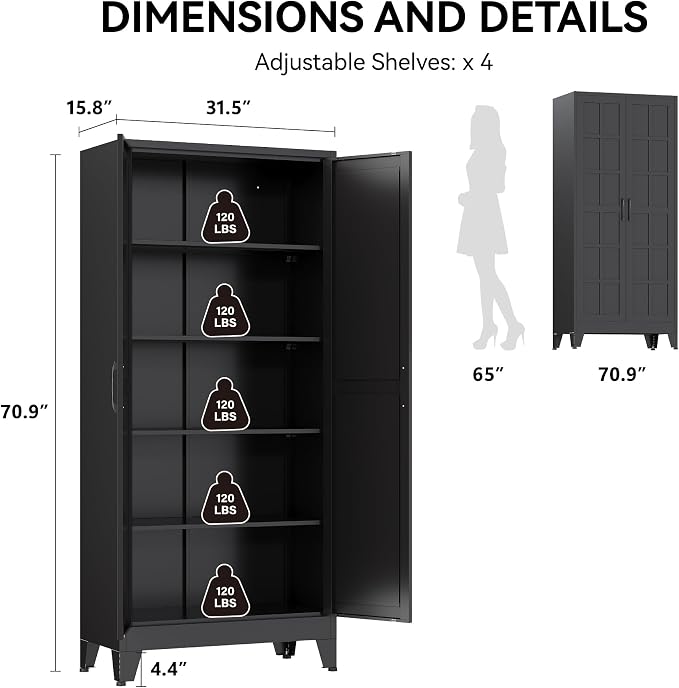 COFaR 71" Black Metal Storage Cabinet with Doors for Office and Garage | 5-tier kitchen pantry cabinet with square-panel doors and 4 adjustable shelves for laundry room, office or garage storage.