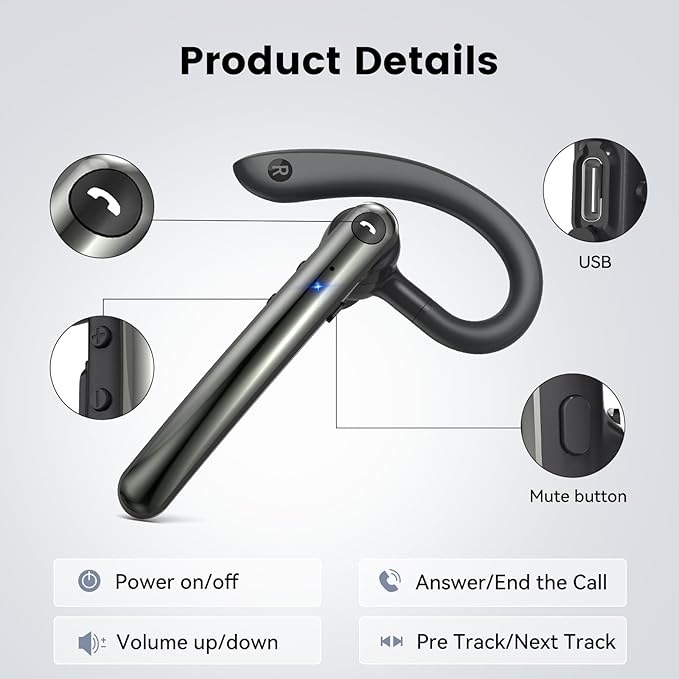 Bluetooth Headset, Wireless Bluetooth 5.4 Earpiece with 10Hrs Hands Free Talk Time, Single-Ear Headset with Noise Canceling Mic, Dual Pairing Headphones for Business/Office/Driving/Trucker/Android/iOS