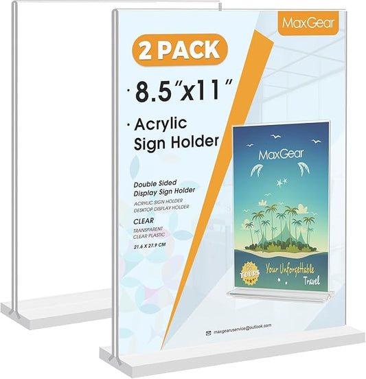 MaxGear Acrylic Sign Holder 8.5x11 Inches 2 Pack, Double Sided Clear Display Stand Table Top Paper Holder, Vertical Menu Flyer Stand, Plastic Frame for Stores, Restaurants, Hotels, Office