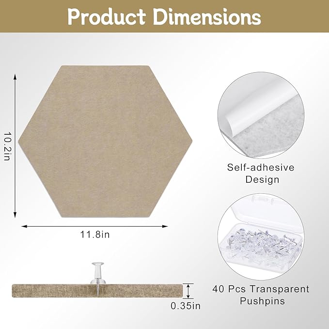 10 Pack Hexagon Cork Board, 12" x 10" Self-Adhesive Felt Bulletin Board Tiles with 40 Pushpins, Pin Boards for Wall Decor Home Office School DIY Display Boards for Photos (Camel Color Theme)