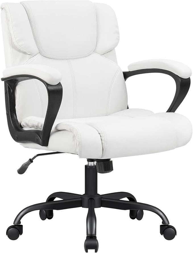 Furmax Mid Back Executive Office Chair Swivel Computer Task Chair with Armrests,Ergonomic Leather-Padded Desk Chair with Lumbar Support(White)