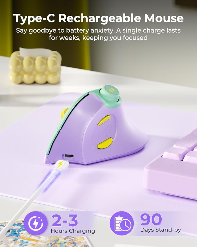 seenda MOU-302 Wireless Bluetooth Ergonomic Vertical Mouse with Volume Knob | Rechargeable 3-device mice for small/medium hands with quiet clicks, 1000/1600/2400 DPI for PC, laptop, MacBook, Green Purple