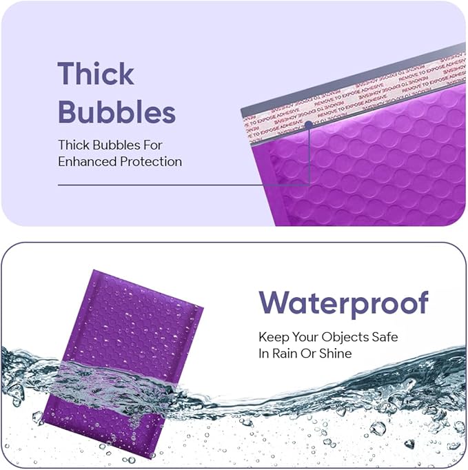 Purple Small Bubble Mailers 4x8 Inch #000 | Thick Padded Poly Mailer Envelopes | Mailing Trading card sports Card Bubble Envelopes | Water & Tear Resistant | 500 Pack Bulk