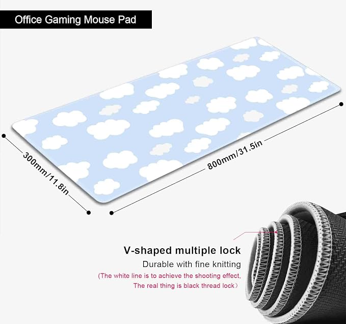 Cute Desk Pad, Blue Sky with Clouds Desk Mat, Large Mouse Pad, Protector Pad, Non-Slip Rubber Base with Stitched Edges Deskmat Writing Mat for Computer Laptop Office,31.5 X 11.8 in