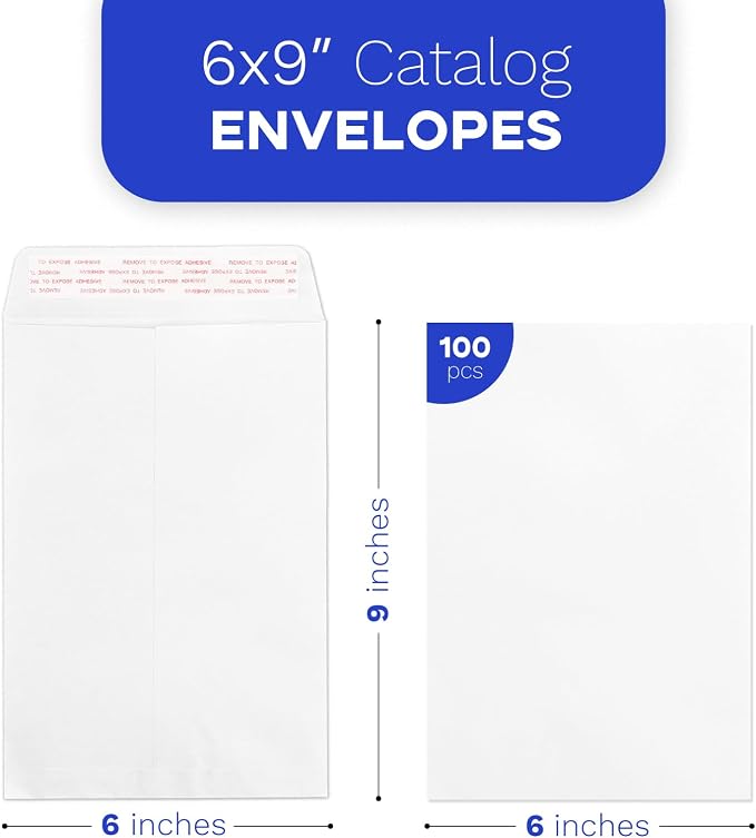 Goefun Catalog Envelopes, White, 6x9, 100 PCS | Self Seal, 100 GSM, Manilla Envelopes, For Documents, Letters, Brochures, Photos