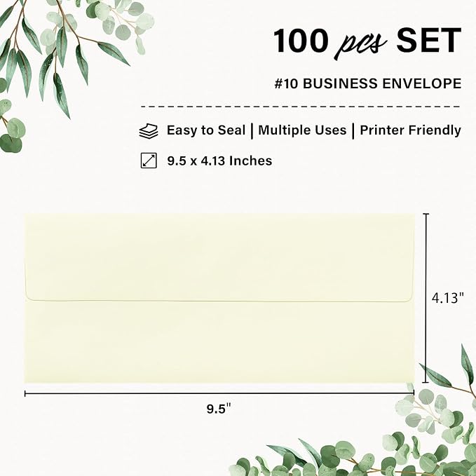 100 Pack #10 Ivory Envelopes Letter Size Self Seal Cream Business Envelopes | Security Mailing Envelopes, 4 1/8 x 9 1/2 Inches, Beige