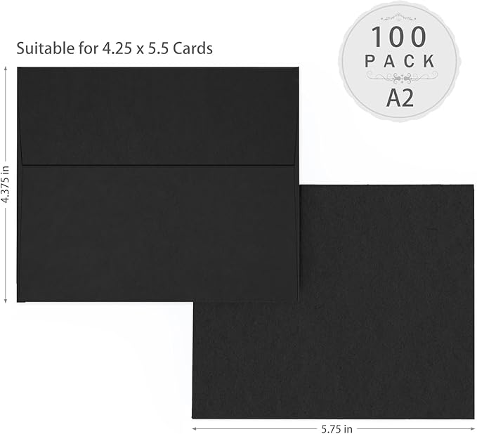 100 Pack Black A2 Envelopes Self Seal, Goefun 120 GSM Printable 4.375 x 5.75 Black Invitation Envelopes for 4.25 x 5.5 Cards, Graduation, Weddings, Photos, Baby Shower, and Various Holidays