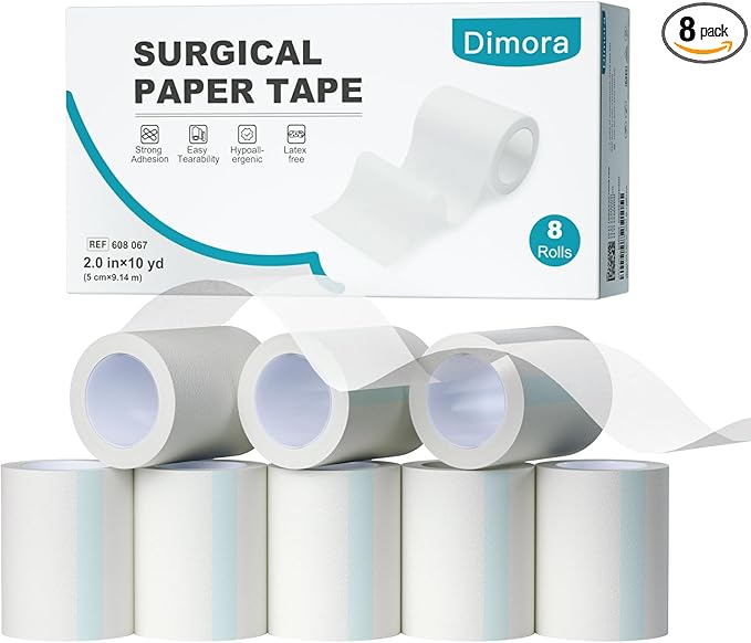 Dimora Paper Medical Tape 8 Rolls- Hypoallergenic White Surgical Tape for Sensitive Skin，Breathable First Aid Wound Tape with Pain-Free Removal，Secures Dressing and Medical Devices -2" x 10 Yards