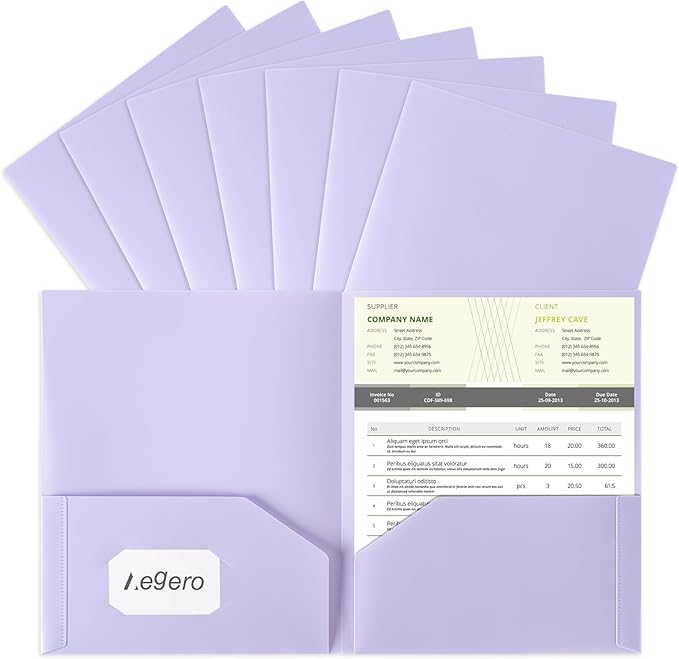 Plastic Folders with Pockets (7 Pack, Lavender Violet), Durable Heavy Duty File Folders with Business Card Slot, 2-Pocket Folder for Schoolwork & Office,Letter Size