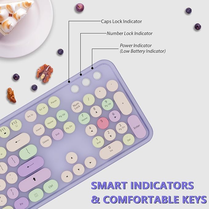 Wireless Computer Keyboard and Mouse Combo,Colorful Purple | Ergonomic Full Size Typewriter Retro Round Keycaps Keyboard, Compatible with Windows, PC, Perfer for Home and Office