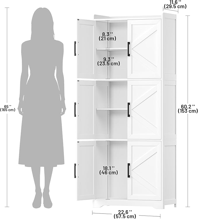 Tall Bathroom Storage Cabinet, Bathroom Floor Cabinet with 6 Barn Doors, 11.6''D x 22.6''W x 60.2''H, Adjustable Shelves, Linen Pantry Cabinet, for Kitchen Living Room, Entryway, White