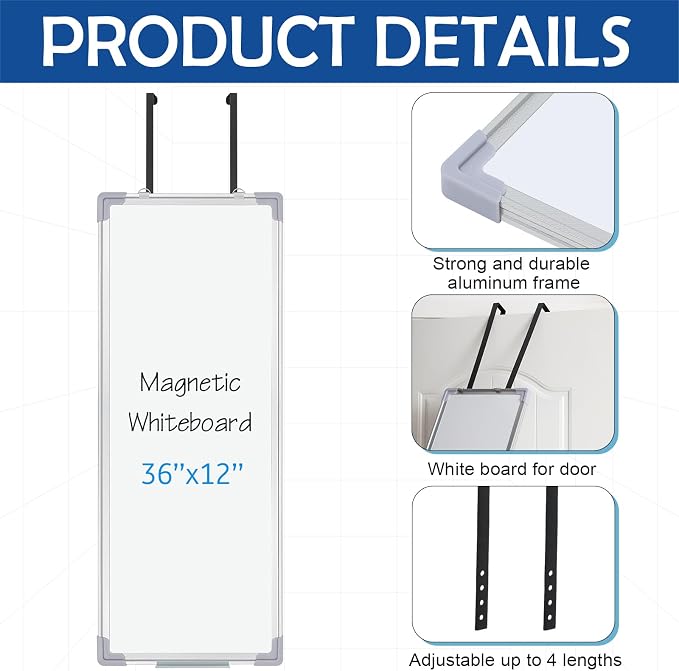 36 x 12 Inch Over the Door Whiteboard Hanging Dry Erase Board for Door 4 Adjustable Heights Aluminum Frame Small White Board for Dorm Home Office Cubicle Wall, Horizontal Vertical Installation
