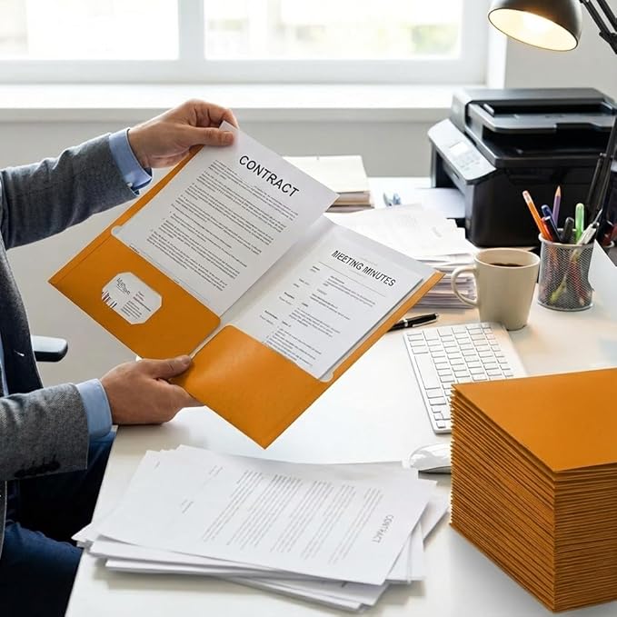 Zzrywuty File Folders with Pockets Letter Size,50-Pack Paper Folders with Card Slot,Orange Two Pocket Folders for School Students,Businessmen,Home and Office Workers