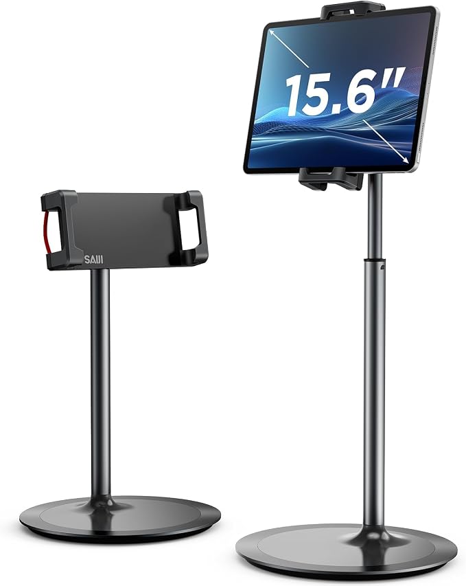 SAIJI iPad Stand for Desk - Height Adjustable & Weighted Base Phone Holder | Aluminum Stand with a 360° Rotating Clamp, Extra Tall, for iPad Air/Pro iPhone & Portable Monitor, Fits 4.7"–15.6" Screens