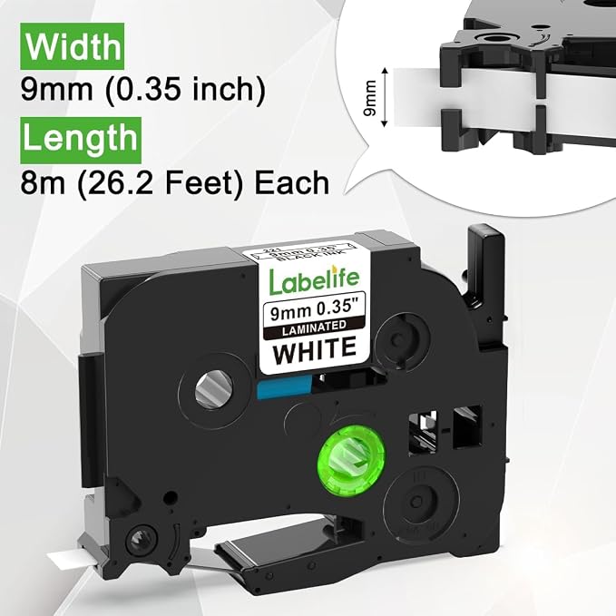 9mm Label Tape TZe-221 Replace for Brother P Touch TZe TZ Tape 9mm 0.35'' (Pack of 2)