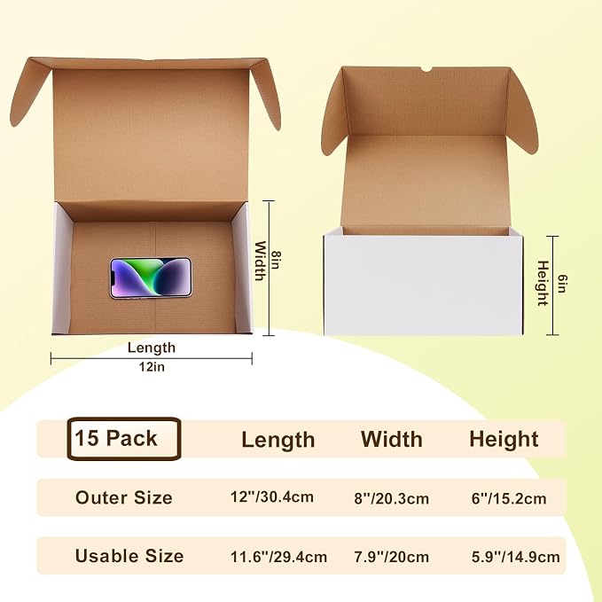 WIFTREY 12x8x6 inches White Shipping Boxes set of 15, 12 x 8 x 6 Corrugated Cardboard Boxes for Packaging Small Business, Moving, Mailing