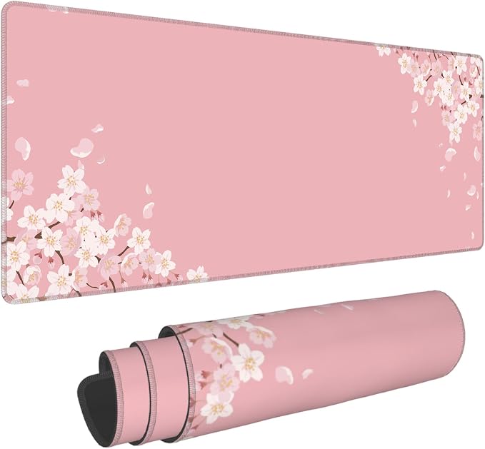 Pastel Pink Cherry Blossom Desk Mat,Large Gaming Mouse Pad,31.5x12in | Sakura Flowers Petal Aesthetic Extended Mousepad,XL Stitched Edges Keyboard Mat Elegant Desk Decor for Women,80x30 cm