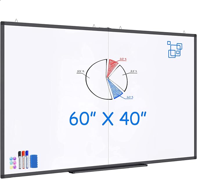 Maxtek White Board Dry Erase 60x40, Large Magnetic Dry Erase Board for Wall | Foldable Aluminum Presentation Wall-Mounted Marker Board with a Long Pen Tray for School, Classroom, Office, and Home, Black