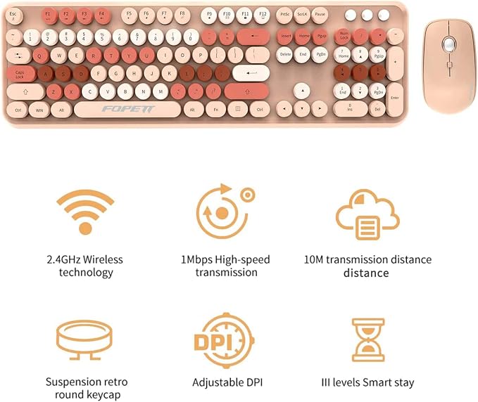 Wireless Keyboard and Mouse Combo | Cute Colorful Keyboard and Mouse with 2.4GHz Cordless Retro Typewriter Keyboard | Auto-Sleep | USB Receiver for Windows PC/Laptop - Creamy Colorful