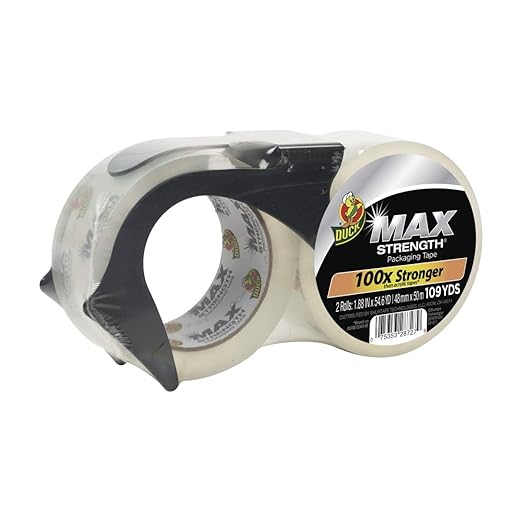 Duck Max Strength Clear Packing Tape with Refillable Dispenser – 2 Rolls of Maximum Strength Heavy Duty Packaging Tape for Shipping & Moving Boxes - 1.88 Inch x 54.6 Yards - Clear (284986)
