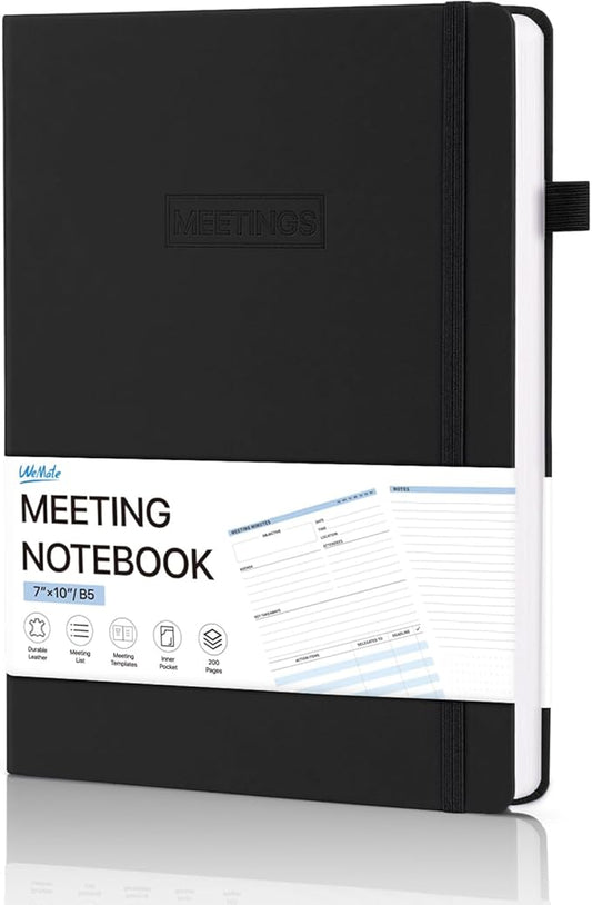 WEMATE Meeting Notebook for Work, Work Planner Notebook With Action Items, B5 Size Project Planner, Easily Take Meeting Notes & Keep Agendas on Track, Calender, Index Page, Inner Pocket, 7×10 Inch, Black
