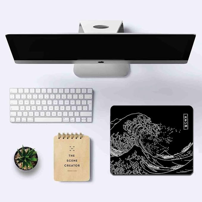 Japanese Great Wave Mouse Pad, Black Anime Gaming Mouse Pad, Kanagawa Mousepad, Non-Slip Rubber Base Computer Mice Pad for School Home Office, 9.5 x 7.9 Inch