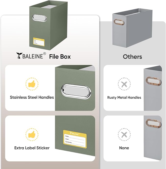 BALEINE File Organizer Box, Cardboard File Folder Organizer with Handle for Letter Size, Portable Collapsible Hanging Filing Box for Home Office Document Storage (2 Pack,Olive)