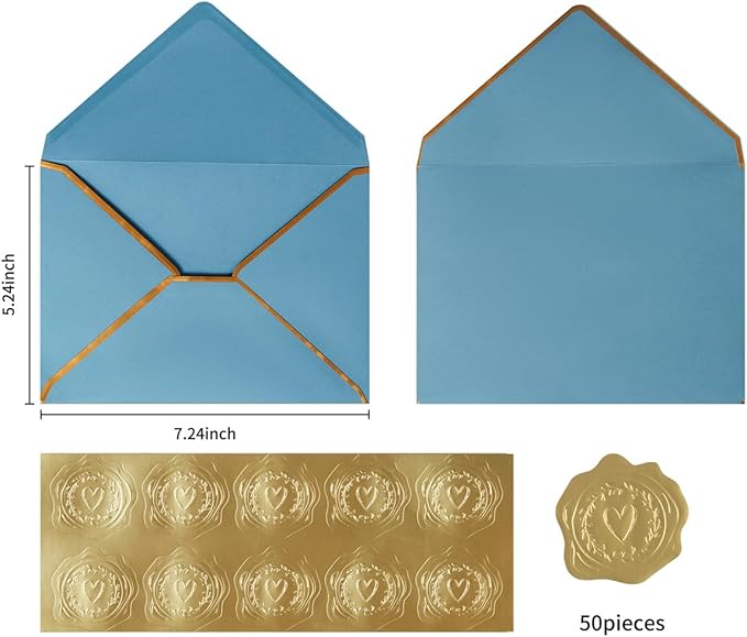 50 Pieces A7 Envelopes with Gold Border, 5.24 x 7.21 Inches Envelopes with Gold Stickers for Greeting Cards and Invitation (Dusty-Blue, A7-5x7)