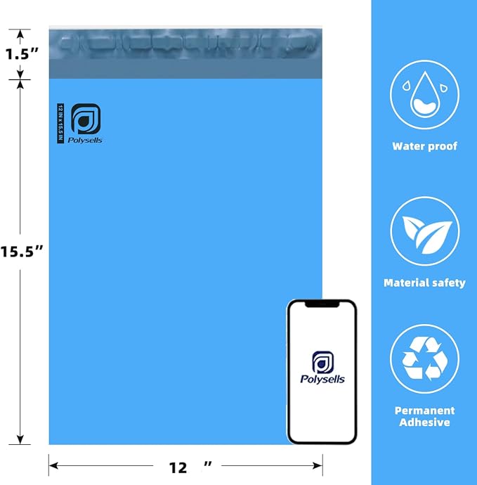 POLYSELLS 500 pcs 12x15.5 Inches Blue Poly Mailers Shipping Envelopes, Strong Adhesive Sealing, Waterproof, and Tear-resistant Postal Mailing Bags for Clothing, Books, and Accessories