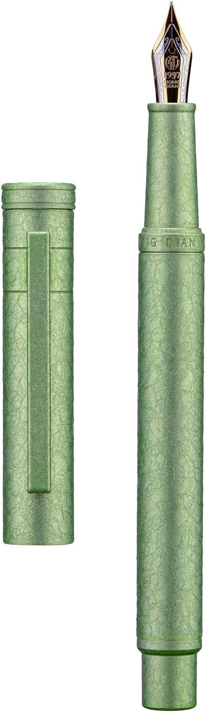 Hongdian 1851 Forest Fountain Pen Applegreen Ice Flowers, Blade Nib Classic Design Calligraphy Pen with Converter and Metal Pen Case