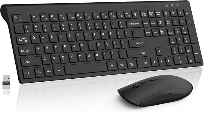 Slim Silent Full Size Wireless Keyboard Mouse Combo Black | With calculator key, 2400 DPI quiet mouse, USB cordless set, compatible with Windows, Mac, Laptop & PC