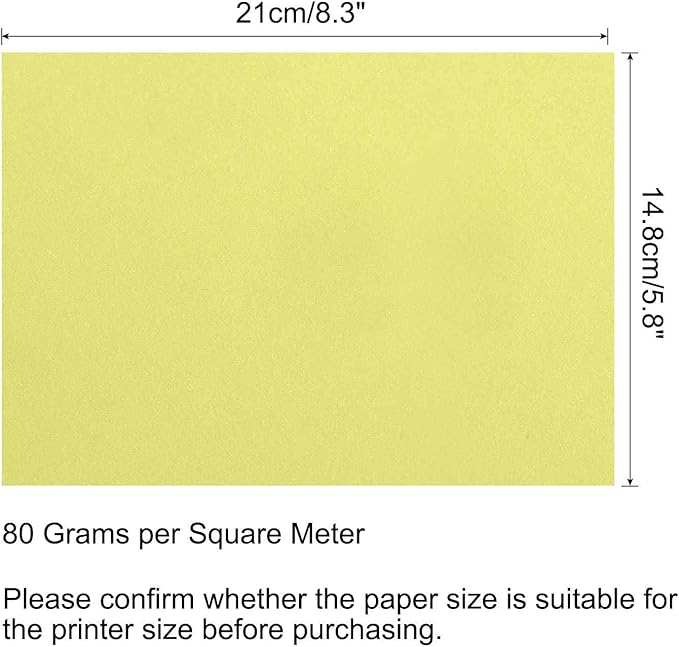 MECCANIXITY 100 Sheets Colored Copy Paper 8.3 x 5.8 Inch Printer Paper 80gsm Light Yellow for Office Printing, Document Copying, Invitations, Forms, Art Projects
