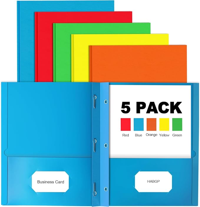 5 Color Folders with Pockets and Prongs, 2 Pocket Folders with 3 Fasteners | 5 Pack, Heavy Duty Paper Pocket Folders, for 8.5" x 11" Paper, School, Office, Home, 5 Assorted Colors