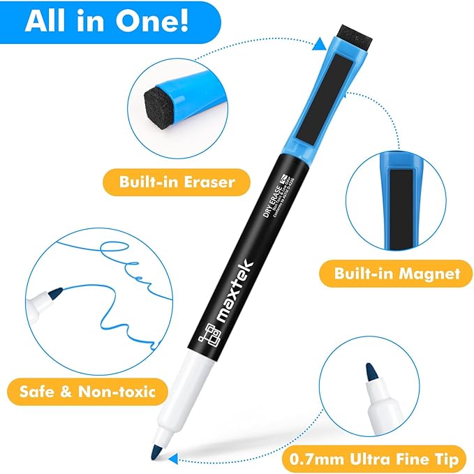 maxtek Magnetic Dry Erase Markers Ultra Fine Tip, 0.7mm Extra Fine Point Thin Dry Erase Markers with Eraser for Planning Whiteboard, Calendar Boards, 12 Colors, Low Odor