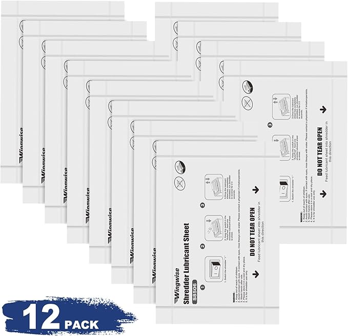 12-Pack Shredder Lubricant Sheets, 8.5 x 6 Inches, Sharpens Blades & Reduces Jams, Mess-Free Maintenance for All Shredders