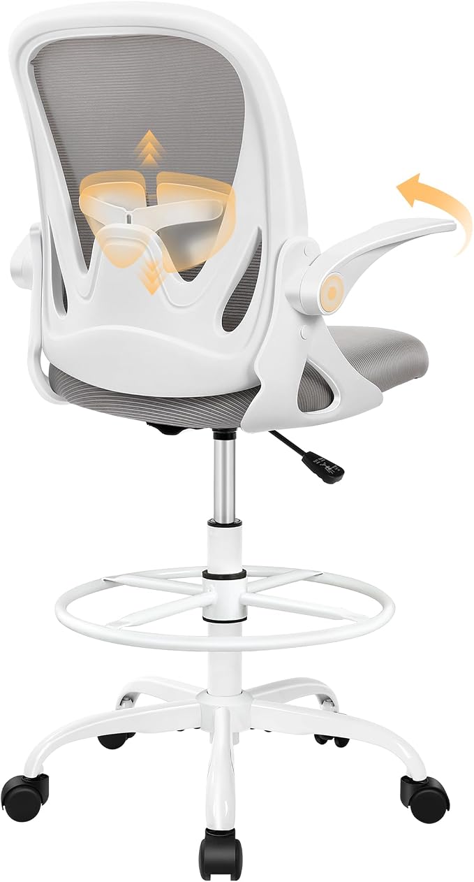 Ergonomic Drafting Chair with Flip-Up Armrests & Adjustable Footrest – Tall Office Chair for Standing Desks, Lumbar Support, Gray – Home & Office Comfort