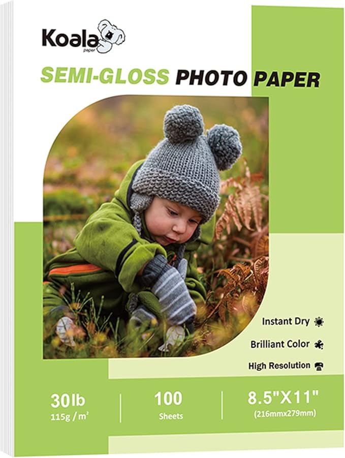 Koala Inkjet Thin Semi-Glossy Photo Paper 8.5x11 Inches 100 Sheets Compatible with Inkjet Printer for Brochure Flyer Printing 6Mil Use DYE INK 30LB